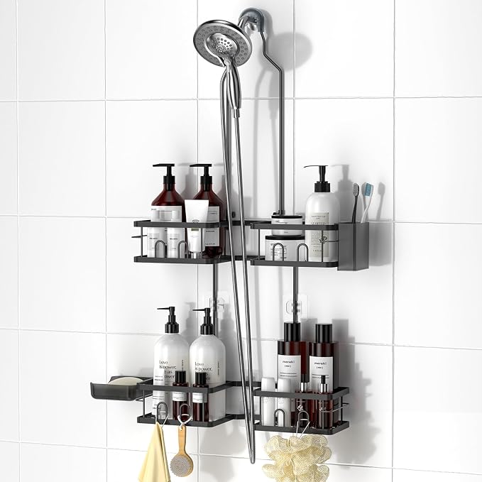 Rust resistant hanging shower caddy with shelves and hooks