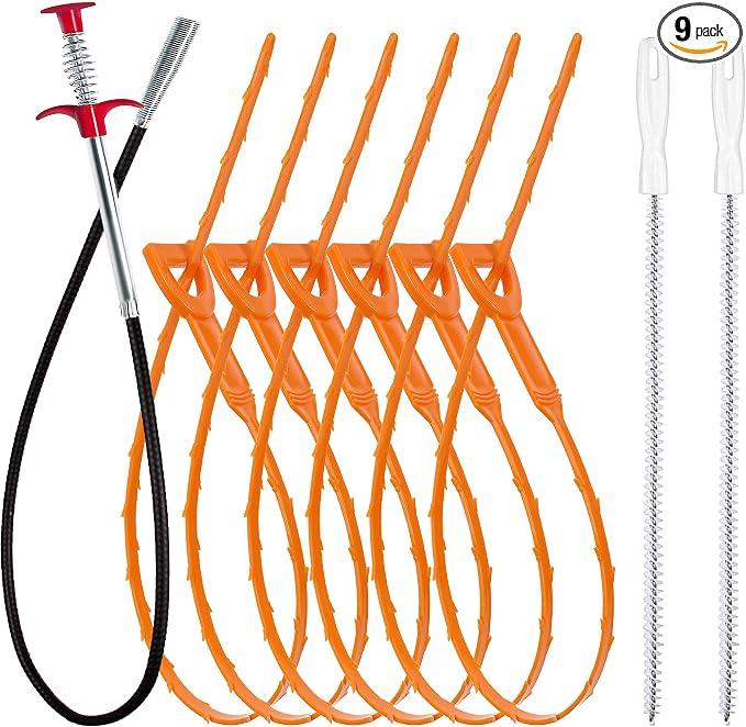 Flexible plastic drain snake tools for pulling hair from a tub drain